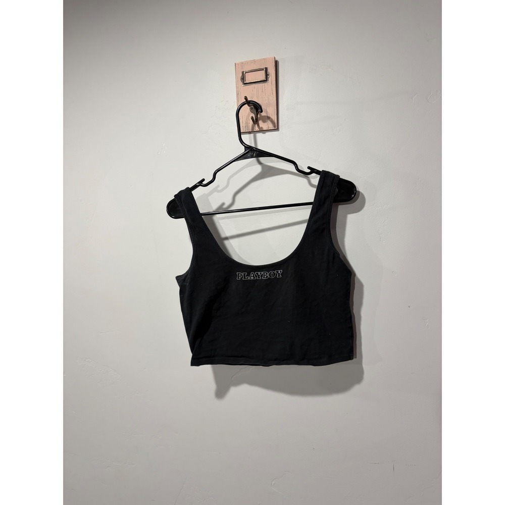 Playboy by PacSun Womens Black Embroidered Logo Scoop Neck Crop Tank Top Large